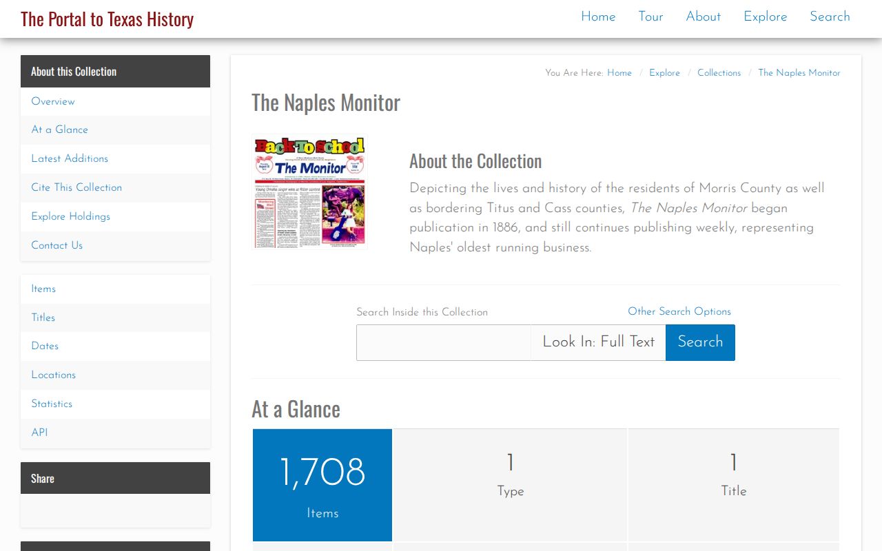 Portal to Texas History page for the Naples Monitor collection