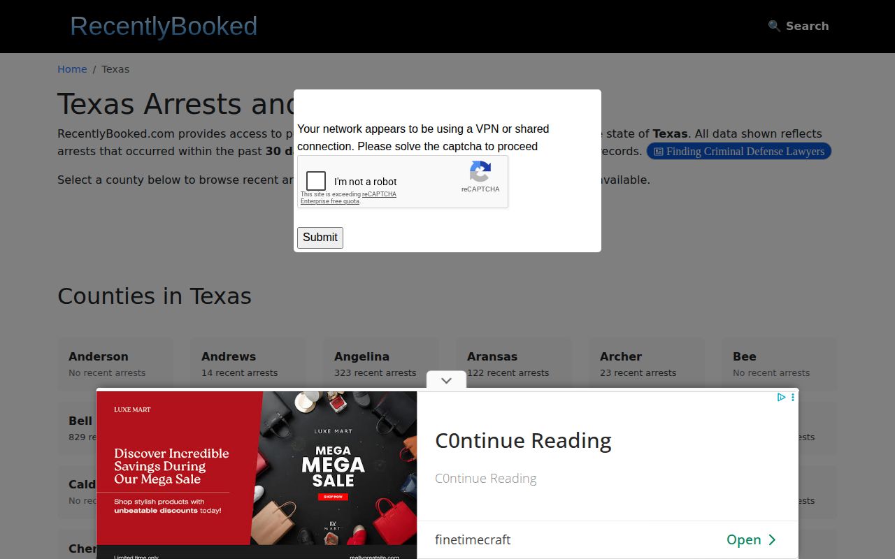 RecentlyBooked Texas index source page with a verification prompt