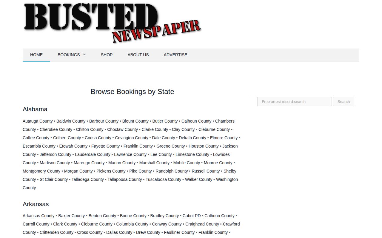 Busted Newspaper directory source page listing state booking sections
